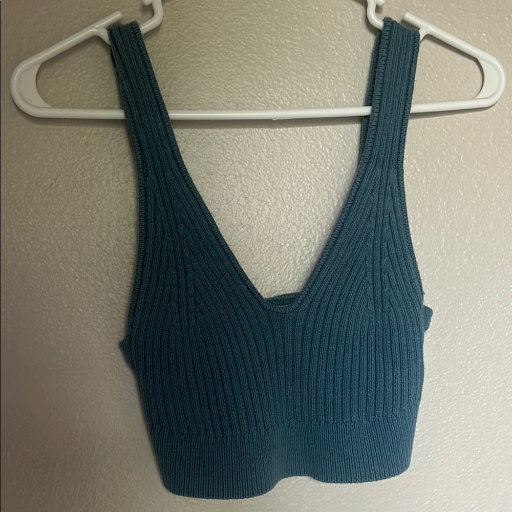 Blue Ribbed Sleeveless Crop Tank Top